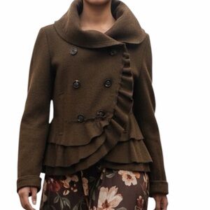 Anthropologie Elevenses Wool Ruffle Echelon Peplum Pea Coat Jacket Size 12